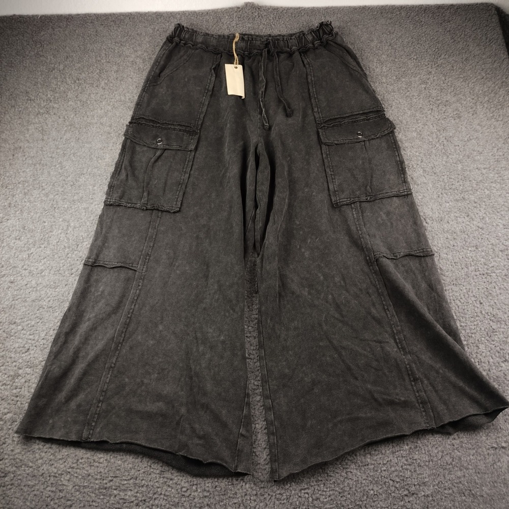Easel Wide Leg Cargo Sweatpants Sz Large Black Baggy Cotton Stretch Waist NWT